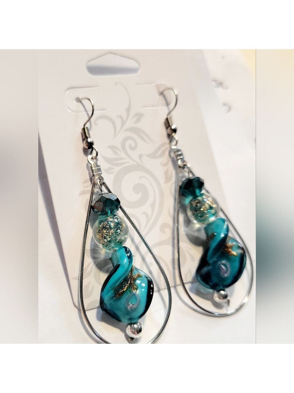 Twisted Teal Gold and Silver Drop Dangle Beaded Earrings - Picture 2 of 6